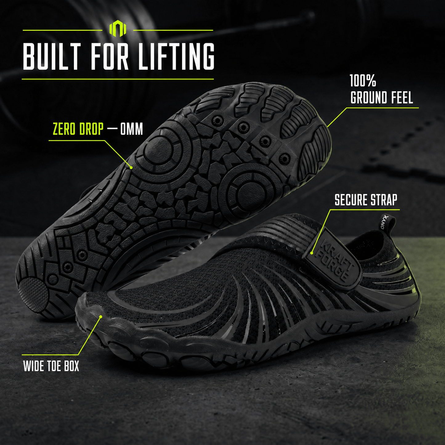 KRAFTBARE FORGE — Zero Drop Barefoot Lifting Shoes | Onyx Black